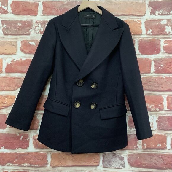 Zara Woman Peacoat Women's Small Black Wool Blend Casual Work Office Coat Jacket - Picture 1 of 9